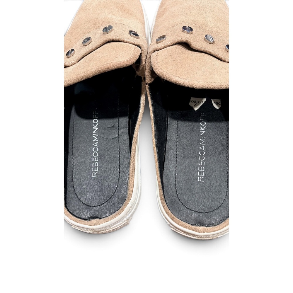 Rebecca Minkoff Suede Studded Mule Sneakers Women 8.5 Tan Beige Buckle Flats - Picture 3 of 7